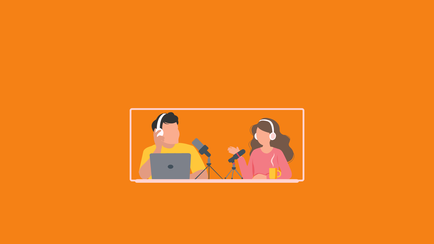 Grafik für den Podcast TERRA TECH TALK - Hinter der humanitären Hilfe: Ein Mann und eine Frau nehmen einen Podcast auf