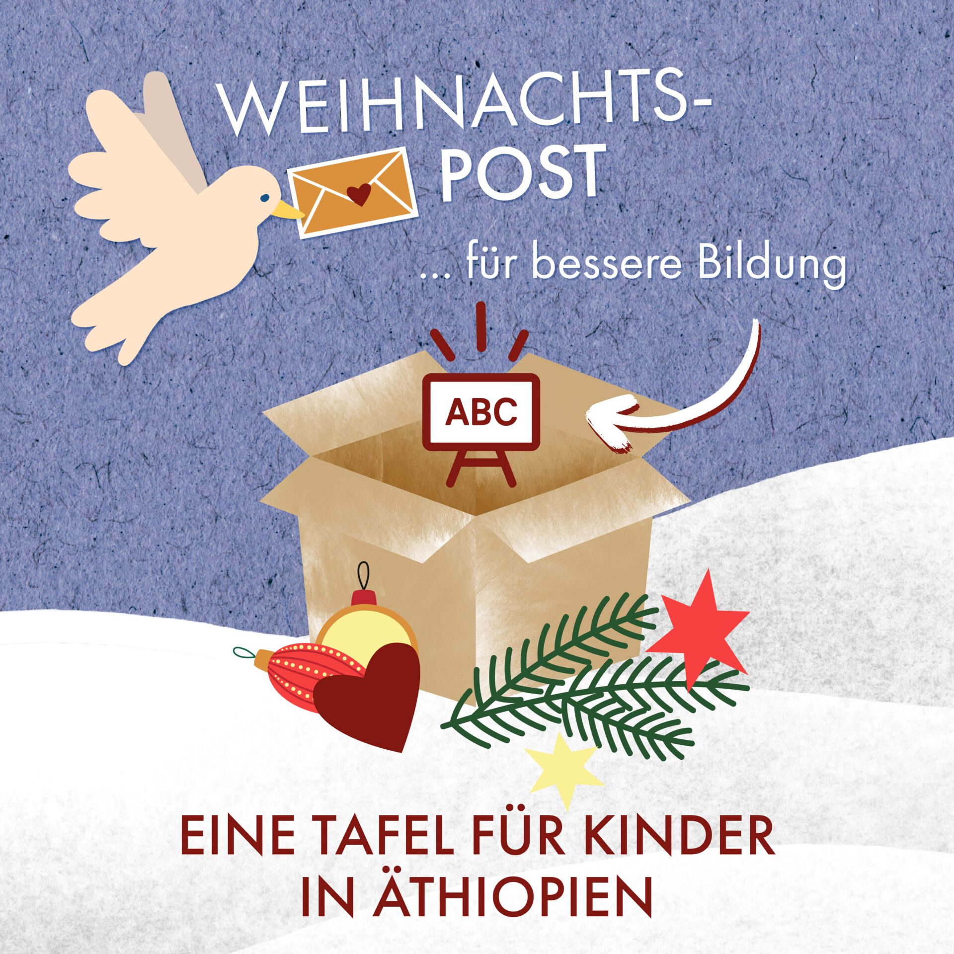 Weihnachts-Post für bessere Bildung - Eine Tafel für Kinder in Äthiopien; Grafik: Eine fliegenden Taube hält einen Brief mit Herz im Schnabel. Unter ihr steht ein offenes Paket, über dem das Symbol für eine Schultafel schwebt.